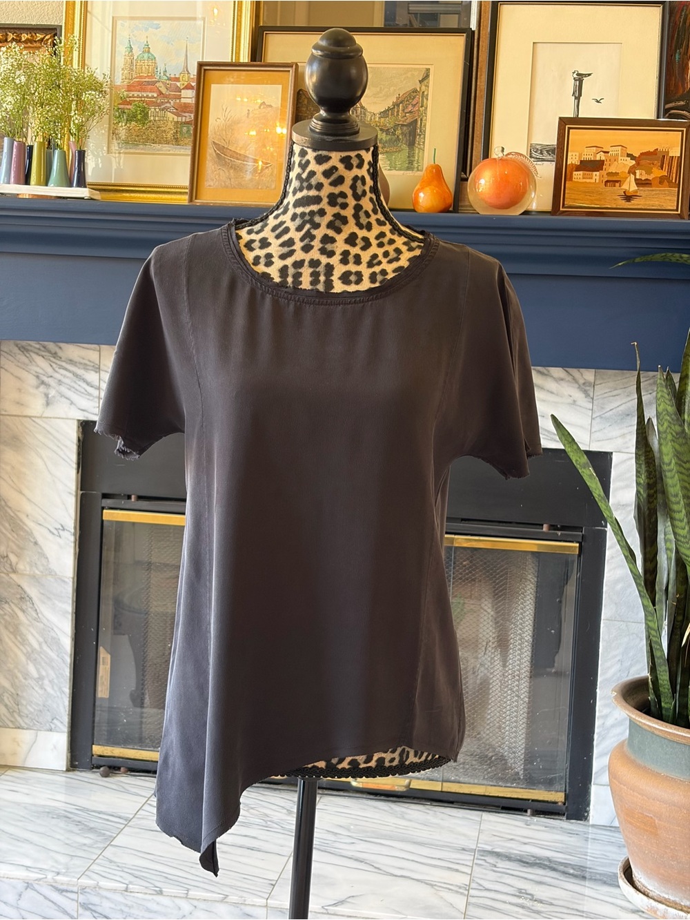 Rag & Bone silk black tee, asymmetrical raw hem